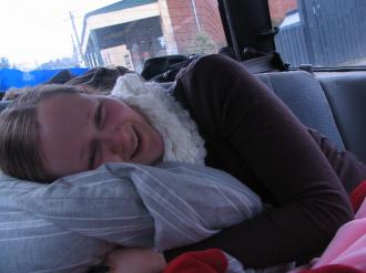 Sarah MacDonald sleepy on the way to the Manorburn dam