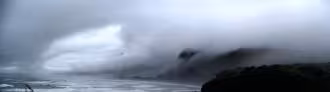 Rain swept panoramic view of the shoreline of the West Coast of New Zealand from near the Pancake rocks