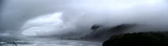 Rain swept panoramic view of the shoreline of the West Coast of New Zealand from near the Pancake rocks