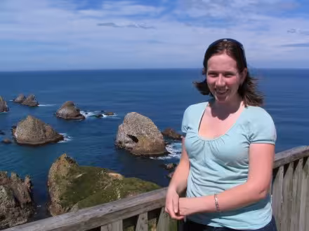 Sarah beside the Nugget Point lighthouse