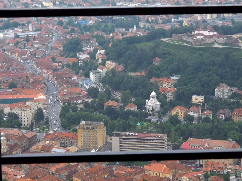 View from inside the "B" of the View of the Brașov sign on Tâmpa