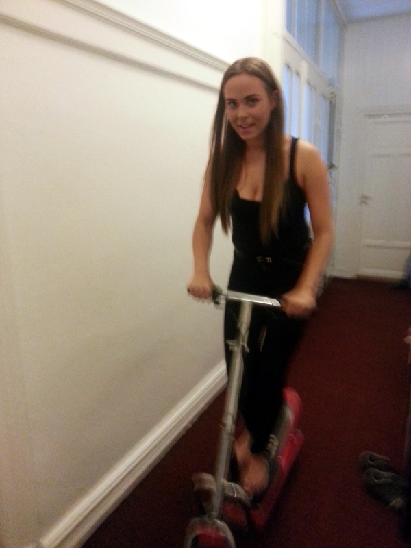 My lovely flatmate Charlotte going for a cruise down our hallway