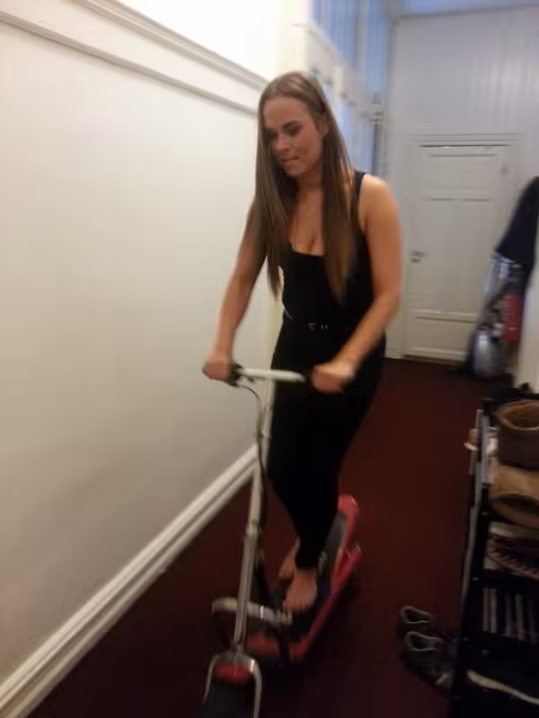 My lovely flatmate Charlotte going for a cruise down our hallway