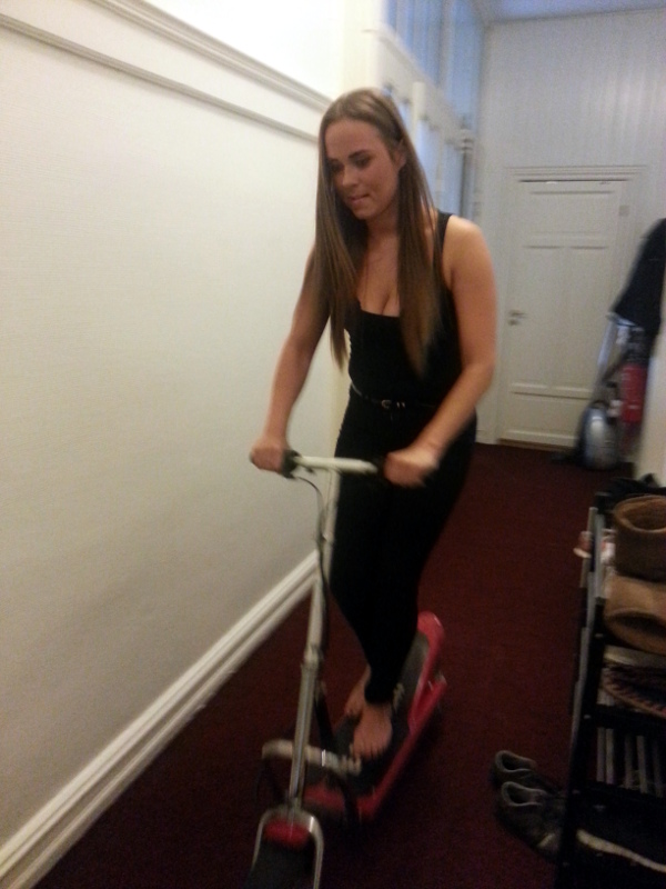 My lovely flatmate Charlotte going for a cruise down our hallway