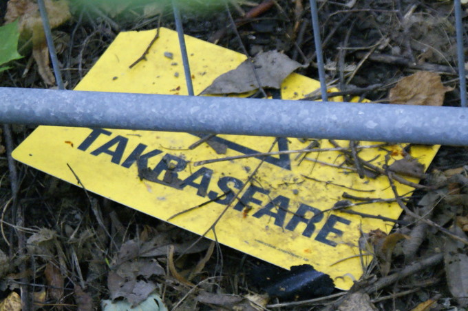 After walking around the exterior of the building, we found this warning about stuff potentially falling off the roof